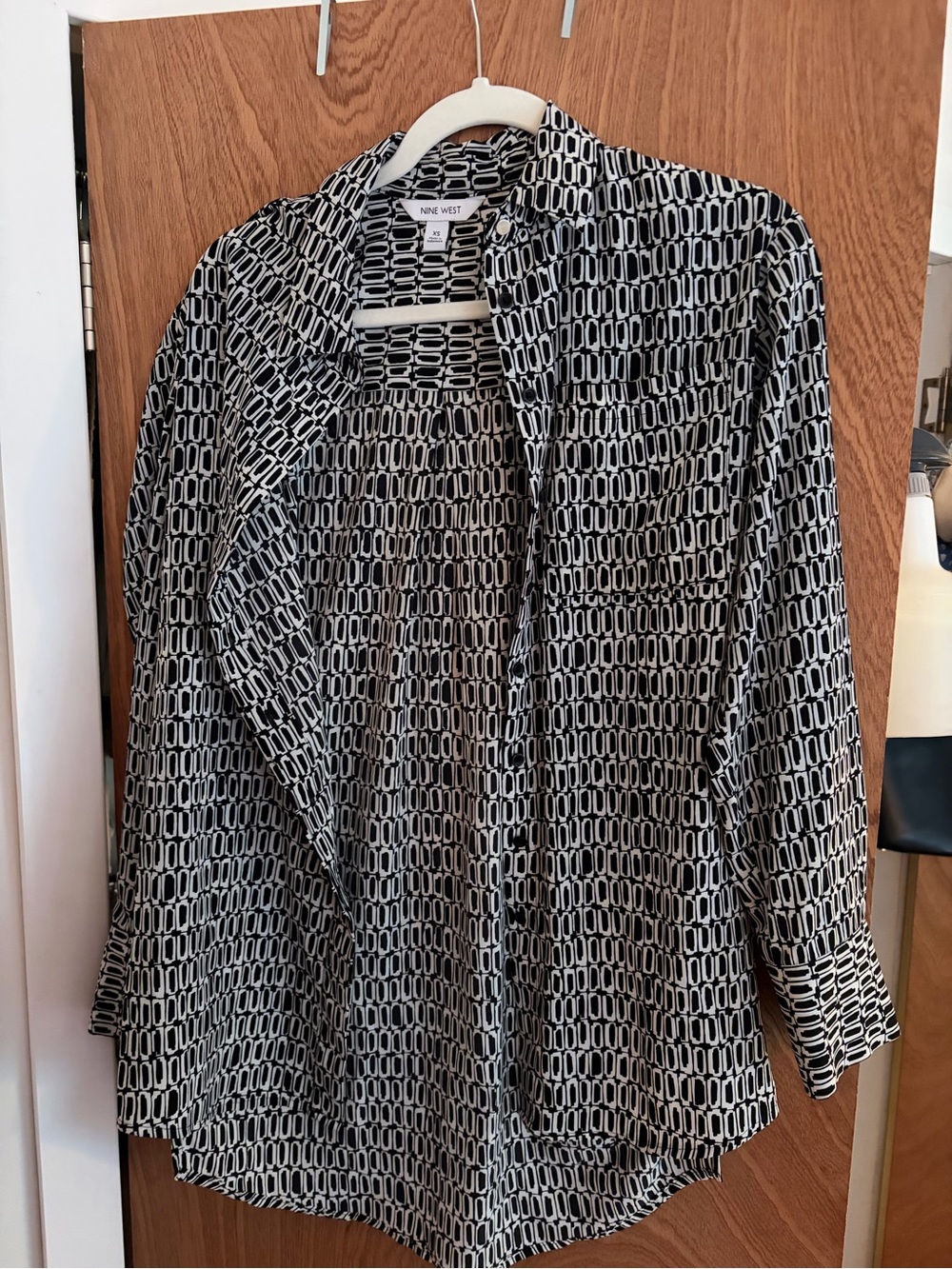 Nine West Black and White Geometric Print Button-Down Shirt